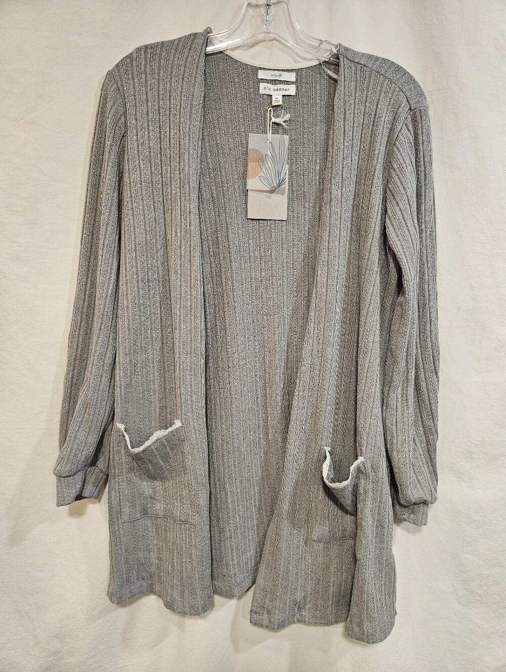 🩶 Blu Pepper Light Gray Ribbed Open-Front Cardigan